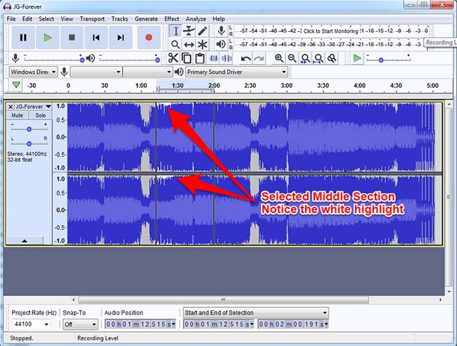 Audacity Highlighted Middle Section